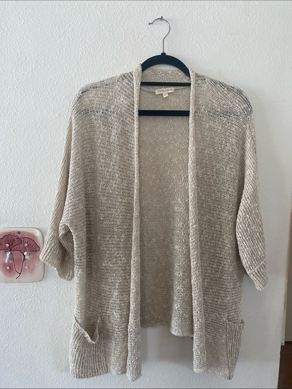Eileen Fisher Cream Open-Weave Draped Cardigan